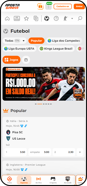 Apostas de futebol na Aposta Ganha com promoção de R$1.000 em saldo real e odds para Série A italiana e Premier League