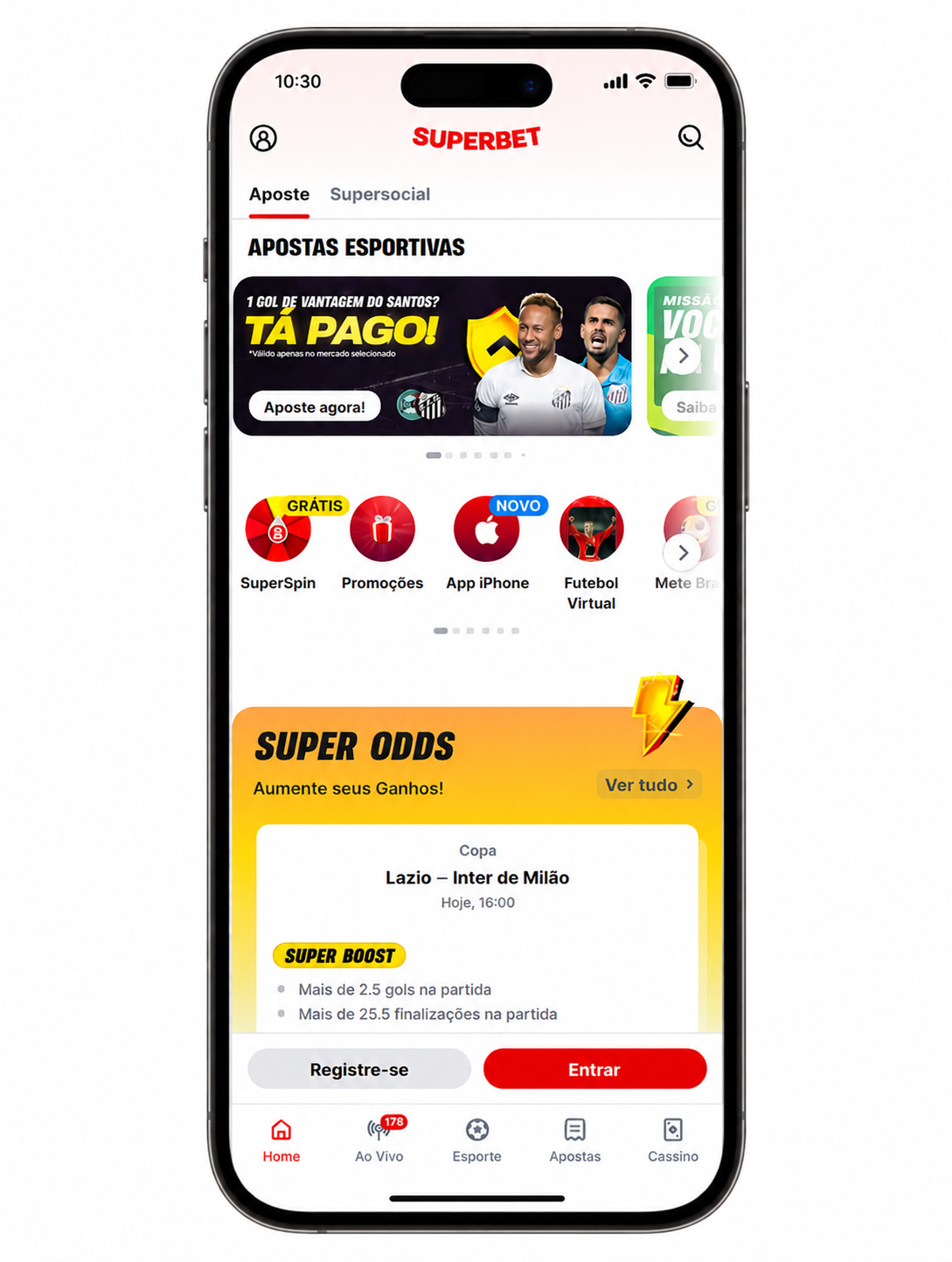 Aplicativo da Superbet no iPhone. A interface mostra banners de apostas esportivas, ícones de promoções, seção “Super Odds” e menu inferior com categorias como Home, Ao Vivo, Esporte, Apostas e Cassino