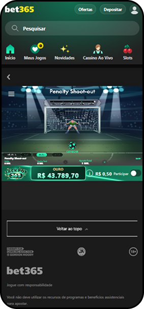 Penalty Shoot-out em andamento na bet365 com jackpot Ouro de R$43.789,70