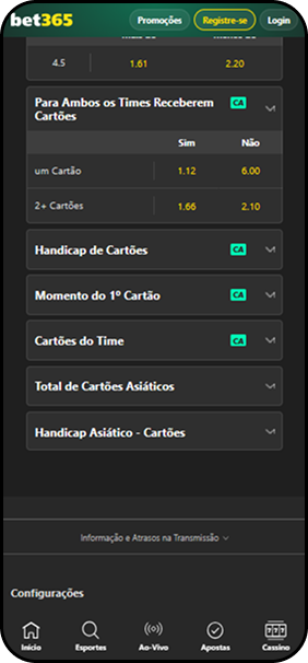 Mercado de ambos os times receberem cartões na bet365 com odds para um cartão a 1.12 e dois ou mais cartões a 1.66