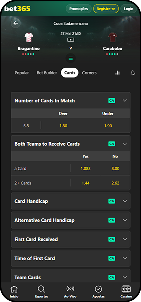 Mercados de cartões na bet365 para Bragantino x Carabobo pela Copa Sudamericana com total acima/abaixo de 5.5 e ambos os times receberem cartões