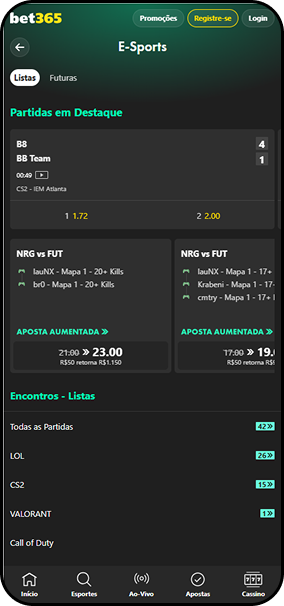 Site da bet365 na seção ‘E-Sports’, exibindo partidas em destaque e listas de jogos como LOL, CS2, VALORANT e Call of Duty. A interface possui fundo escuro com detalhes em verde e mostra odds, apostas aumentadas e menu de navegação inferior
