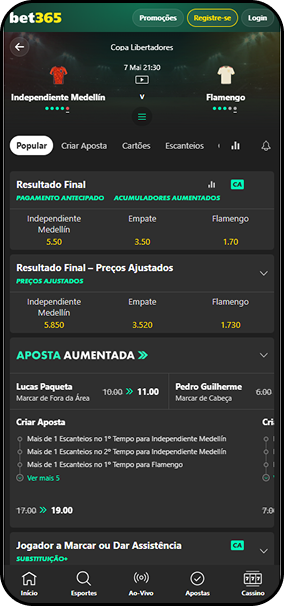 App bet365 com odds para o jogo Independiente Medellín e Flamengo pela Copa Libertadores