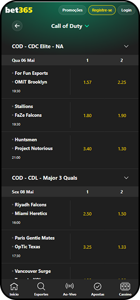 Apostas de Call of Duty na bet365 com partidas da CDC Elite NA e CDL Major 3 Quals, incluindo FaZe Falcons x Stallions e Paris Gentle Mates x OpTic Texas