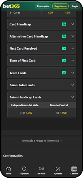 Mercado de handicap asiático de cartões na bet365 para Independiente del Valle x Rosario Central com odds de 1.900 para ambos os lados