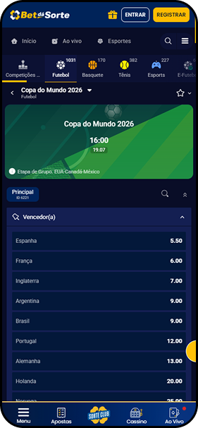 Odds para vencedor da Copa do Mundo 2026 na Bet dá Sorte, com Espanha a 5.50, França a 6.00 e Brasil a 9.00
