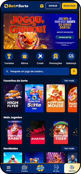 Cassino da Bet da Sorte com jogos em destaque como Fortune Mouse, Fortune Rabbit e Aviator, além de promoção de 20 giros grátis no Dragon Hatch
