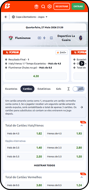 Mercados de cartões na Betano para Fluminense x Deportivo La Guaira pela Copa Libertadores com total mais/menos de 4.5 e cartões vermelhos