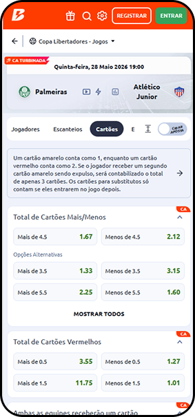 Mercado em total de cartões para Palmeiras x Atlético Junior na Betano válido para a Libertadores da América