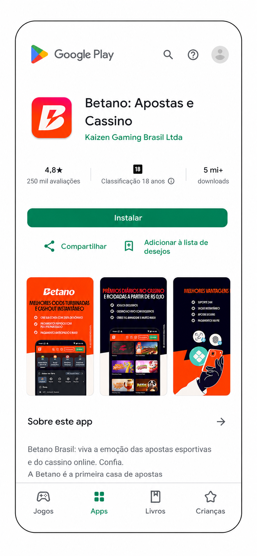 Aplicativo da Betano disponível na Play Store e com nota 4.8