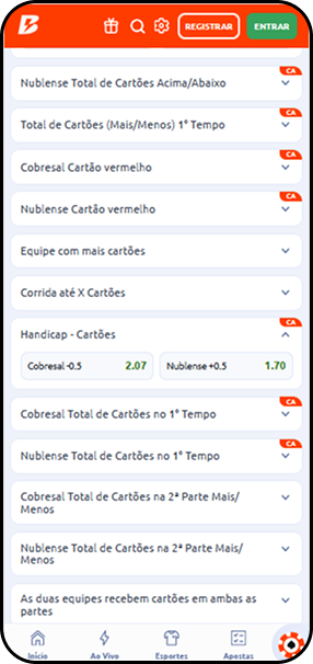 Mercado de handicap de cartões na Betano para Cobresal x Nublense com Cobresal -0.5 a 2.07 e Nublense +0.5 a 1.70