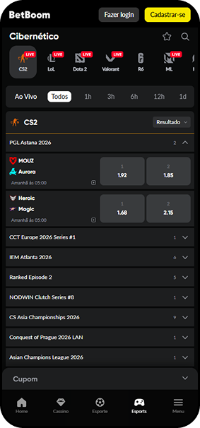 Apostas de CS2 ao vivo na BetBoom com partidas do PGL Astana 2026, IEM Atlanta 2026 e Asian Champions League 2026
