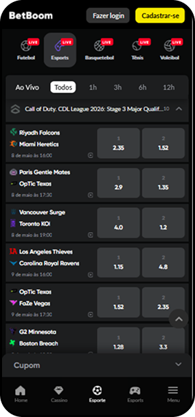 Apostas de Call of Duty ao vivo na BetBoom com partidas da CDL League 2026 Stage 3 Major Qualifier, incluindo Riyadh Falcons x Miami Heretics e OpTic Texas x FaZe Vegas