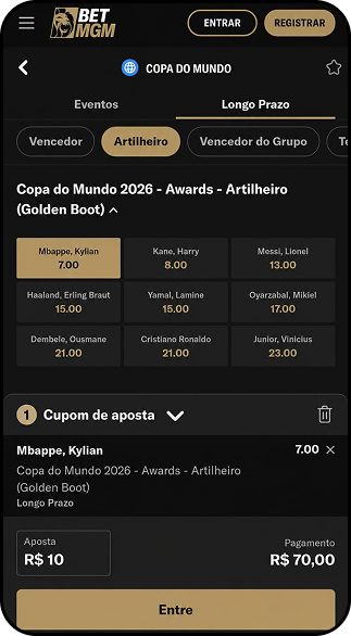 Cupom de aposta na BetMGM para Mbappé como artilheiro da Copa do Mundo 2026 com odd 7.00, aposta de R$10 e pagamento potencial de R$70
