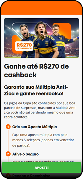 Oferta de múltipla anti-zica com o valor de R$270 de cashback na Betsson.
