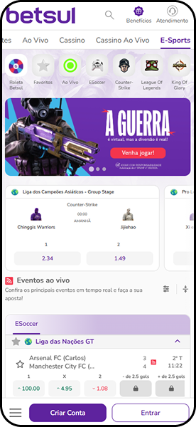 Apostas de e-sports na Betsul com partidas ao vivo de Counter-Strike e ESoccer