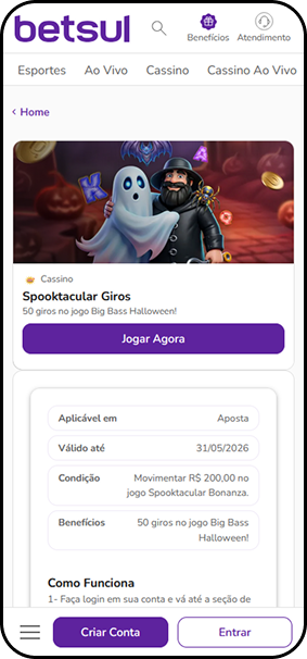 Cassino Betsul com 50 rodadas grátis no jogo Big Bass Halloween