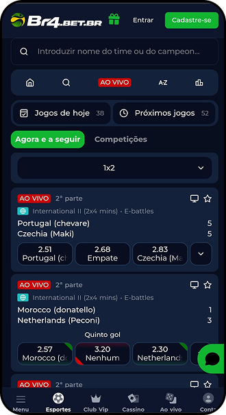 Apostas ao vivo de FIFA no aplicativo da Br4.bet com partidas de E-battles e odds para resultado final