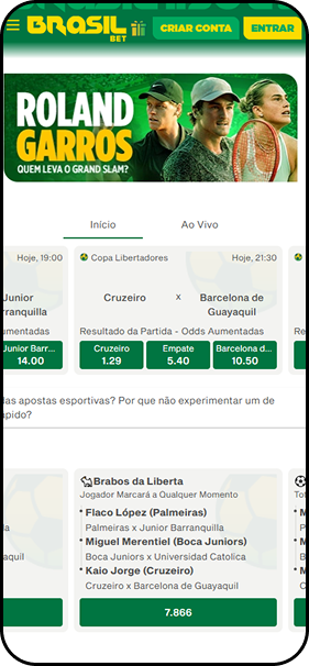 Apostas esportivas na Brasil Bet com banner de Roland Garros, Cruzeiro x Barcelona de Guayaquil pela Libertadores e mercado Brabos da Liberta