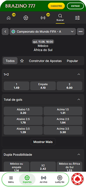 Apostas para México x África do Sul no Campeonato do Mundo FIFA na Brazino777, com mercados de resultado, total de gols e dupla possibilidade