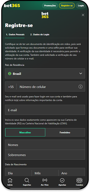 Seção de cadastro na plataforma bet365 com campos para se registrar