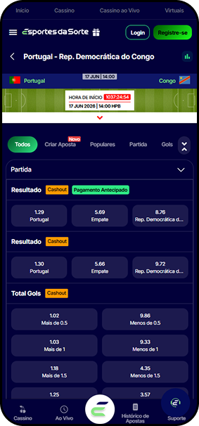 Mercados de apostas para Portugal x Rep. Democrática do Congo na Copa do Mundo 2026 na Esportes da Sorte, com opções de cashout e pagamento antecipado