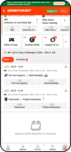 Apostas de Call of Duty Challengers 2026 Elite 3 NA na EsportivaBet com For Fun Esports x Omit Brooklyn e Huntsmen x Project Notorious