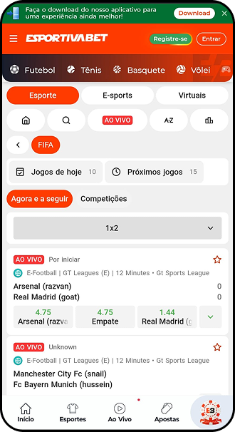 Apostas ao vivo de FIFA na EsportivaBet com partidas da GT Leagues, incluindo Arsenal x Real Madrid e Manchester City x Bayern Munich
