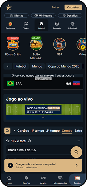 Jogo Brasil x Haiti válido pela Copa do Mundo 2026 com mercado para 1x2 e Total de Gols