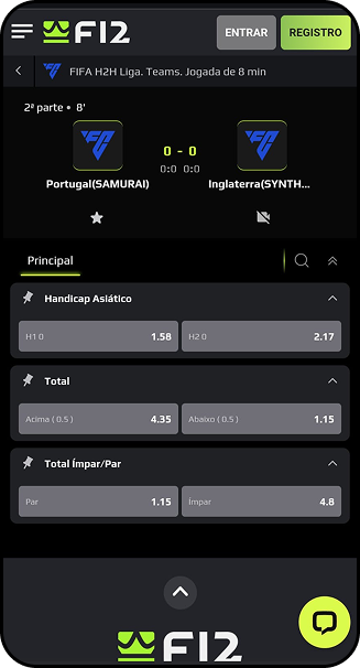Apostas ao vivo de FIFA H2H na F12.bet com Portugal x Inglaterra e mercados de handicap asiático, total e ímpar/par
