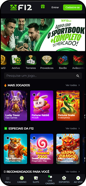 Cassino e apostas esportivas na F12.bet com jogos mais jogados como Fortune Rabbit e Fortune Snake e banner do sportbook completo
