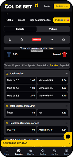 Mercados de cartões ao vivo na Gol de Bet para PSG x Arsenal na final da Liga dos Campeões da UEFA com total de cartões, ímpar/par e handicap europeu