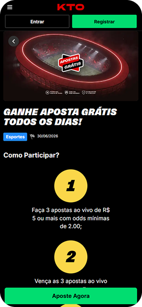 Promoção de aposta grátis diária na KTO para esportes, válida até 30/06/2026, com requisito de vencer 3 apostas ao vivo de R$5 com odds mínimas de 2.00