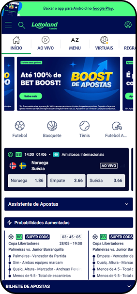 Apostas esportivas na Lottoland com Boost de Apostas até 100%, Noruega x Suécia ao vivo e Super Odds para a Copa Libertadores