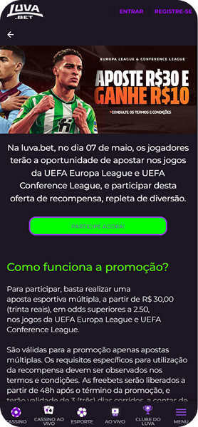 Promoção da Luva.bet para apostar R$30 e ganhar R$10 em freebets nos jogos da UEFA Europa League e Conference League