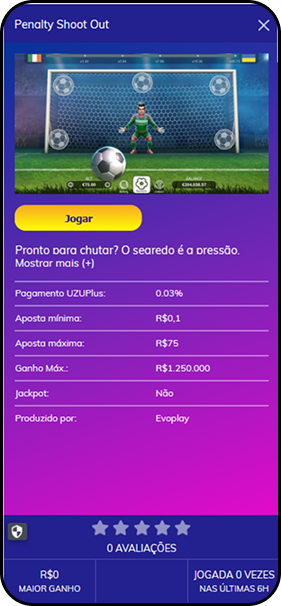 15:12Claude respondeu: Penalty Shoot Out da Evoplay na PlayUzu com aposta mínima de R$0,10, ganho máximo de R$1.Penalty Shoot Out da Evoplay na PlayUzu com aposta mínima de R$0,10, ganho máximo de R$1.250.000 e sem jackpot
