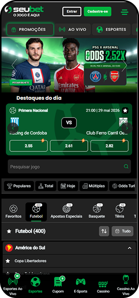 Apostas esportivas ao vivo na Seubet com destaque para Racing de Córdoba x Club Ferro Carril Oeste pela Primera Nacional e banner PSG x Arsenal com odd 2.52x