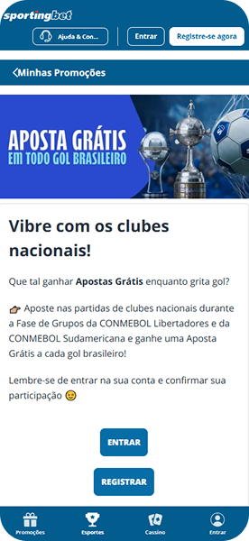 Promoção de aposta grátis a cada gol brasileiro na Sportingbet durante a fase de grupos da CONMEBOL Libertadores e Sudamericana