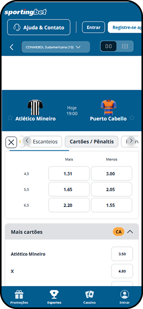 Mercado de total de cartões e pênaltis na Sportingbet para Atlético Mineiro x Puerto Cabello pela CONMEBOL Sudamericana