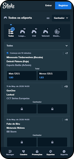 Apostas de e-sports ao vivo na Stake com partidas de League of Legends, CS2 e Valorant, incluindo CCT Séries Europeias e BB Storm
