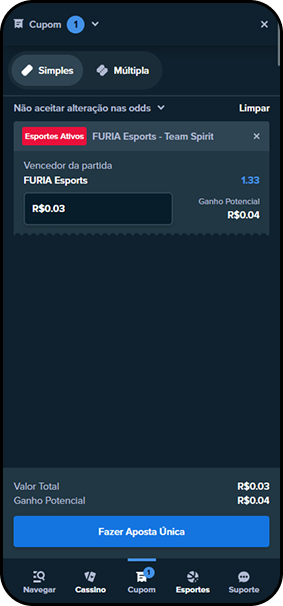 Cupom de aposta simples na Stake para FURIA Esports x Team Spirit com odd 1.33 e ganho potencial de R$0.04
