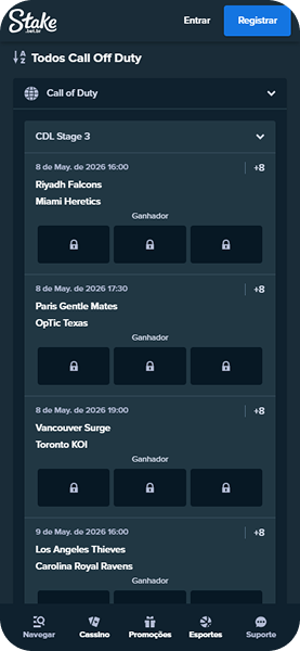 CDL Stage 3 na Stake com partidas de Call of Duty, incluindo Riyadh Falcons x Miami Heretics e Los Angeles Thieves x Carolina Royal Ravens