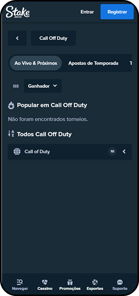Mercados de Call of Duty na Stake com 10 torneios disponíveis e opções de apostas de temporada
