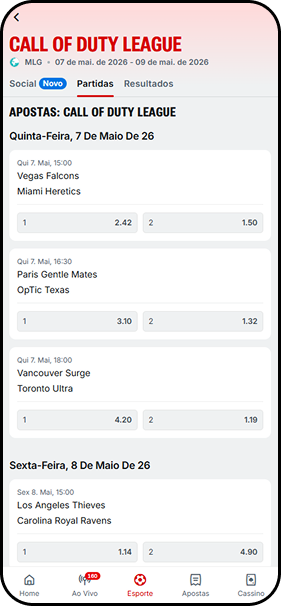 Apostas da Call of Duty League na Superbet com partidas de Vegas Falcons, Paris Gentle Mates e Vancouver Surge nos dias 7 e 8 de maio de 2026