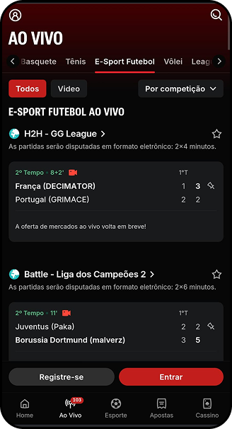 E-Sport Futebol ao vivo na Superbet com partidas da H2H GG League e Battle Liga dos Campeões
