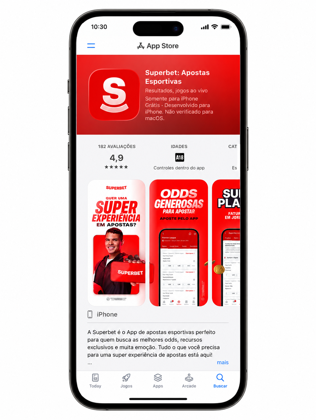 Aplicativo da Superbet na App Store com nota 4,9, classificação A18 e destaque para odds em apostas esportivas
