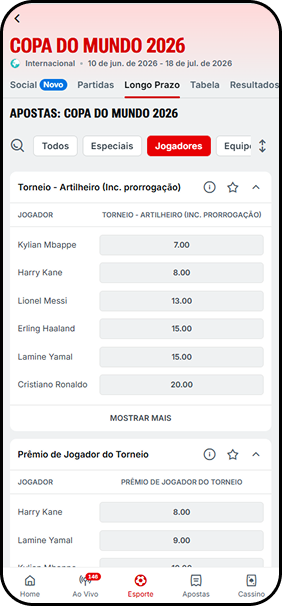 Odds para artilheiro da Copa do Mundo 2026 na Superbet com Mbappé a 7.00 e mercado de Prêmio de Jogador do Torneio com Harry Kane a 8.00