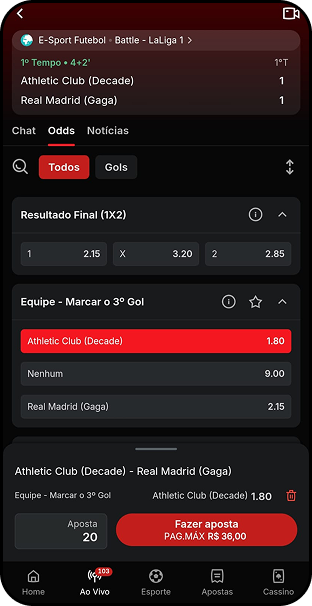 Bilhete de aposta ao vivo na Superbet para Athletic Club x Real Madrid na Battle LaLiga 1 com odd 1.80 no mercado de gols
