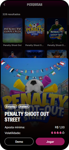 Penalty Shoot Out Street da Evoplay na Superbet com aposta mínima de R$1,00 e volatilidade alta