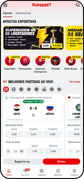 Apostas ao vivo na Superbet com Super Odds da Libertadores e amistoso internacional Egito x Rússia com odds para resultado final e total de gols